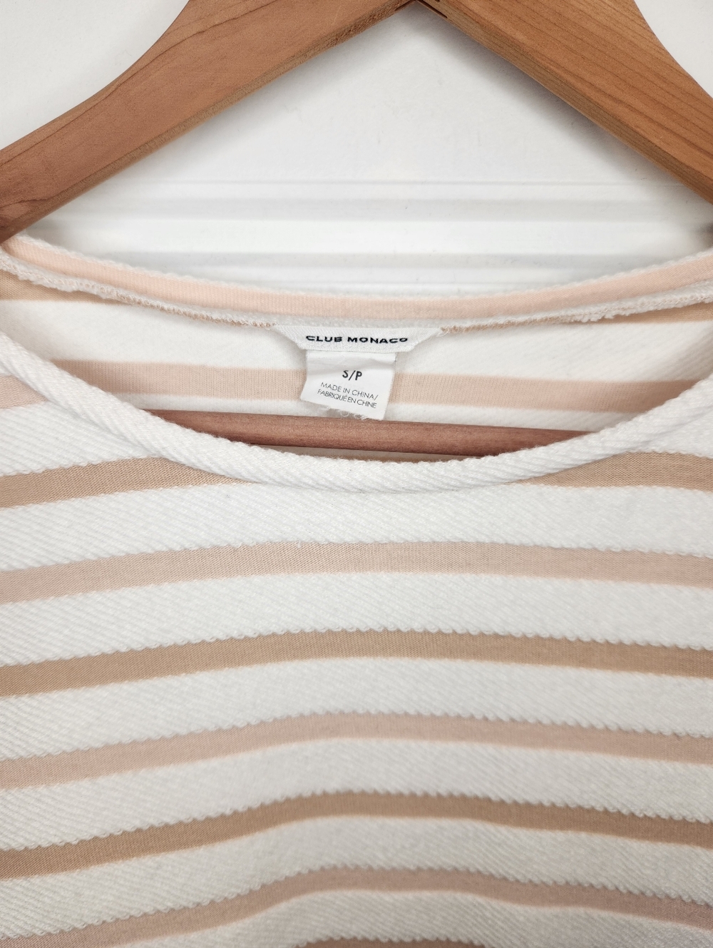 Sz S Club Monaco 100% Cotton Beige & White Striped Fringe-Trim Pullover Sweater - Picture 3 of 7